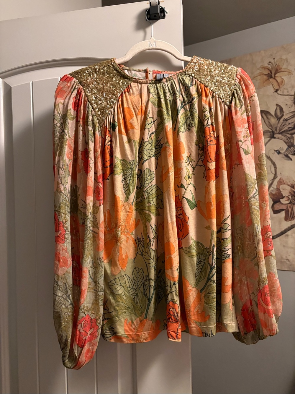 Sequin-Yoke Floral Blouse in Peach & Green